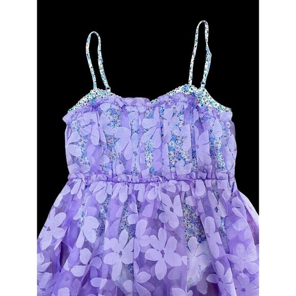 For Love and Lemons Sz S Dress Villegas Floral Sheer Bodysuit Midi Purple New - Picture 4 of 10